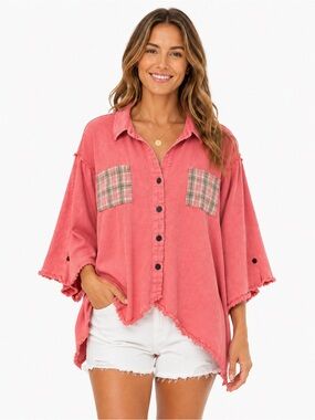POL Small Oversized Asymmetrical Jacket Coral Pink Distressed Plaid Pocket